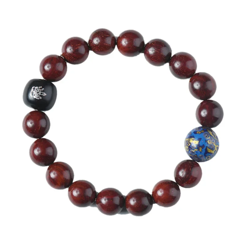 Small Leaf Red Sandalwood 10mm Wood Inlaid with Silver Zodiac Guardian Bracelet Auspicious Clouds China-chic Big Lacquer Beads