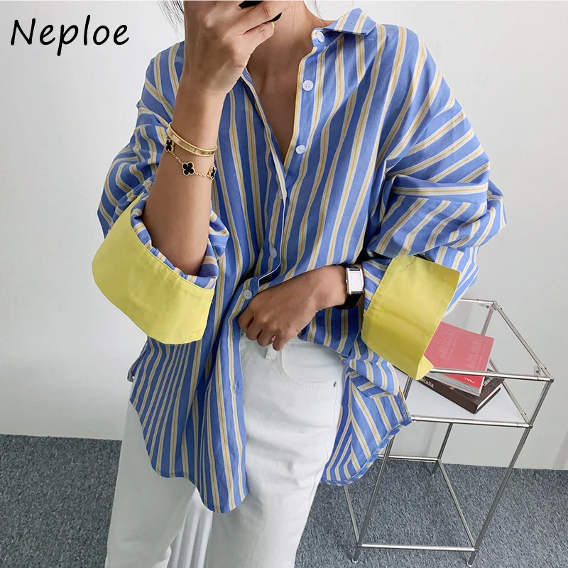 Neploe Turn Down Collar Stripe Contrast Color Patchwork Blouses Blusas Mujer De Moda 2024 Long Sleeve Single-breasted Shirts