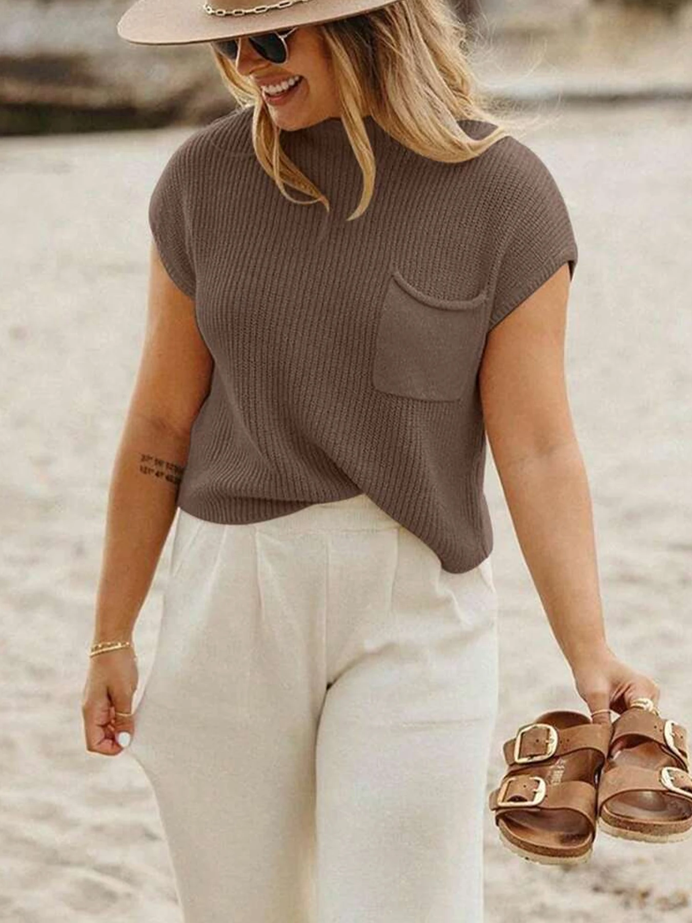 

Spring and summer women's casual loose round neck knitted sweater vest