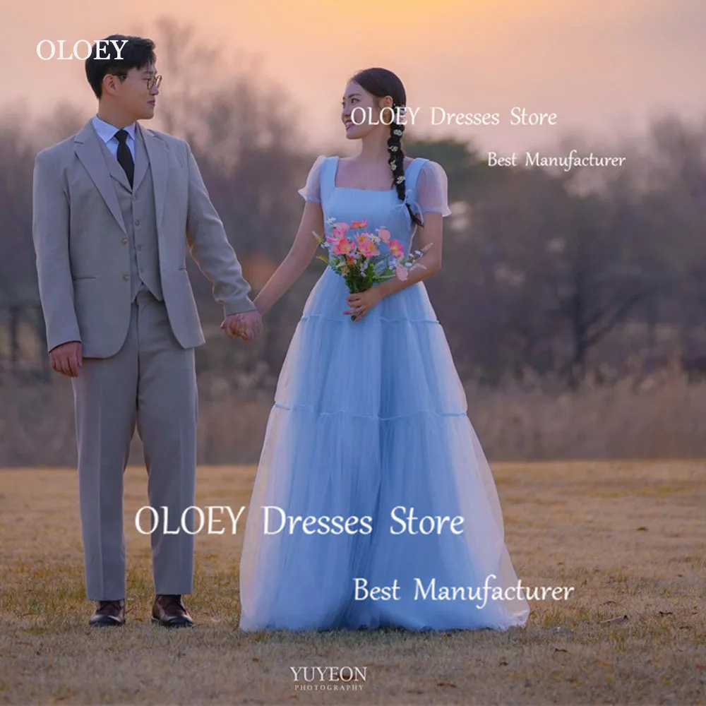 OLOEY Simple Blue Tulle Wedding Dresses Short Sleeves Square Neck Floor Length Bridal Gowns Corset/Zip Back Korea Photoshoot