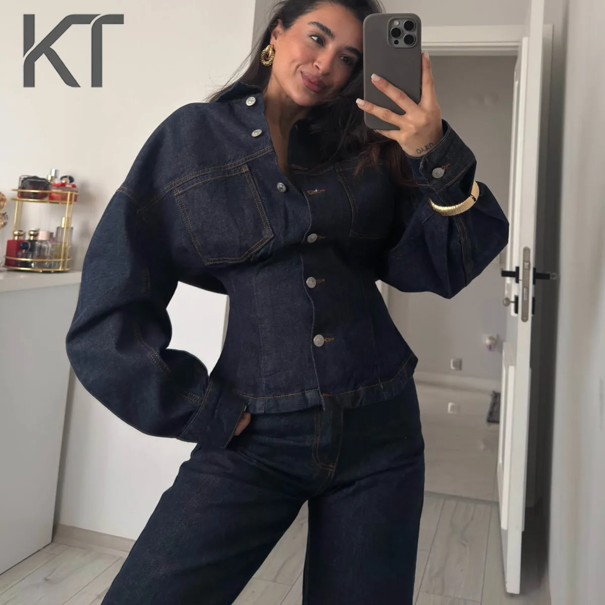 

KT Dark Blue Denim Suit Women Oversized Puff Sleeve Fitted Denim Jacket & High Waist Wide Leg Pants 2026 New Arrival
