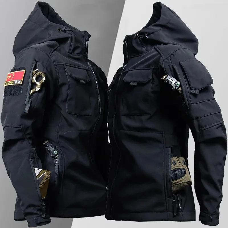 Shark Skin Tactical Jackets Men Military Soft Shell Waterproof Windproof Hooded Jacket Outdoor Functional Uniforms Multi-pockets