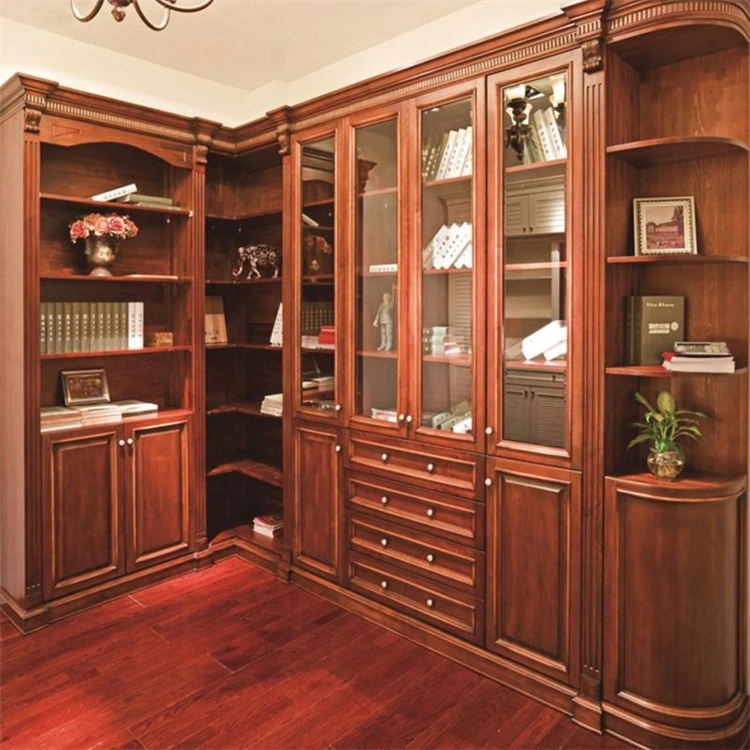 Luxury Solid Wood Bookcase Custom Hand Carved Library Bookshelf Villa Home Office Furniture High End Bespoke Wall Cabinet