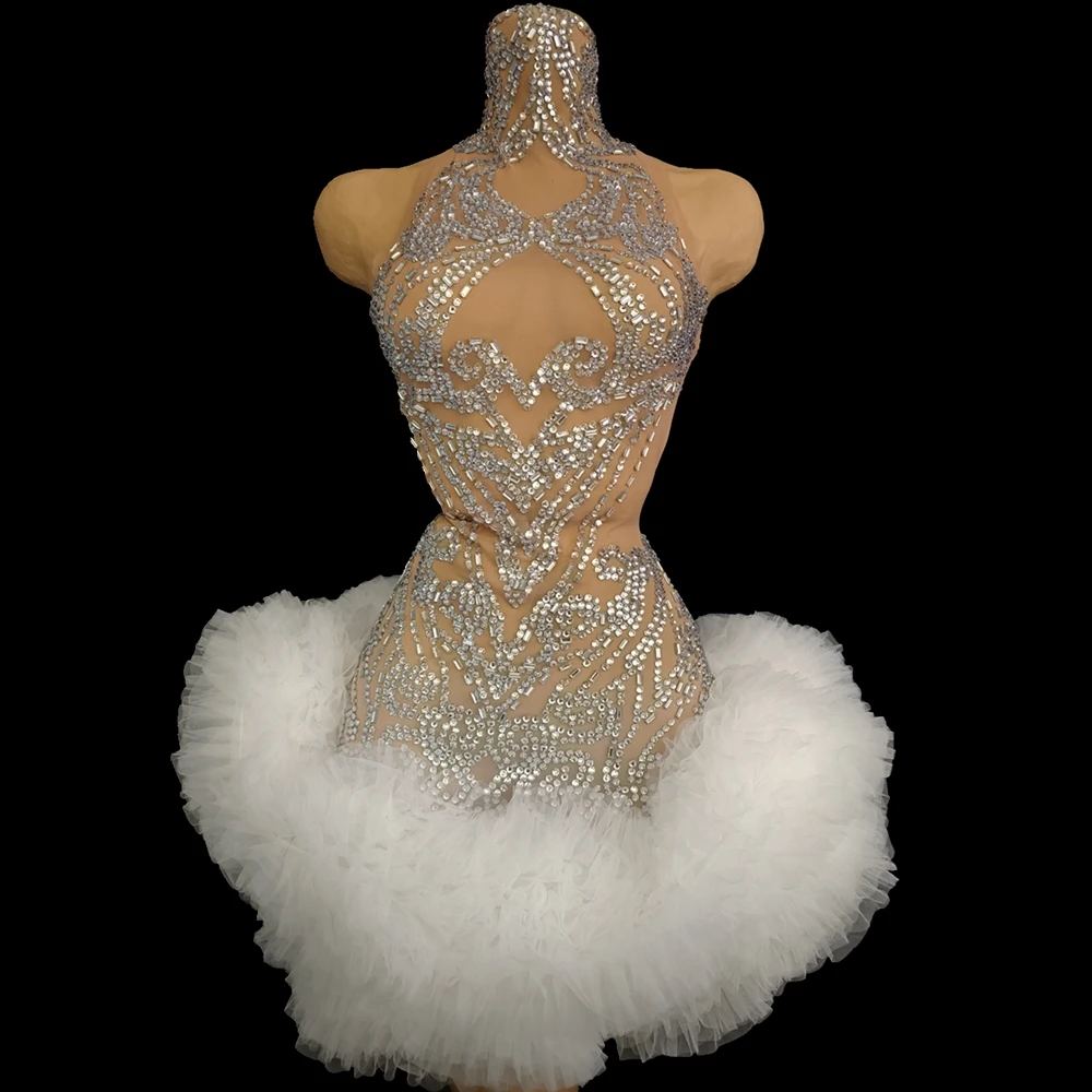 

Блестящие стразы, платье-пузырь, женское сексуальное прозрачное вечернее платье для празднования дня рождения, танцевальный костюм, сценическая одежда