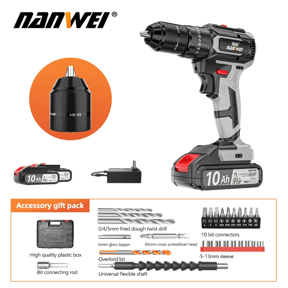 NANWEI brushless drill rechargeable hand drill ratchet chuck electric screwdriver hand electric drill