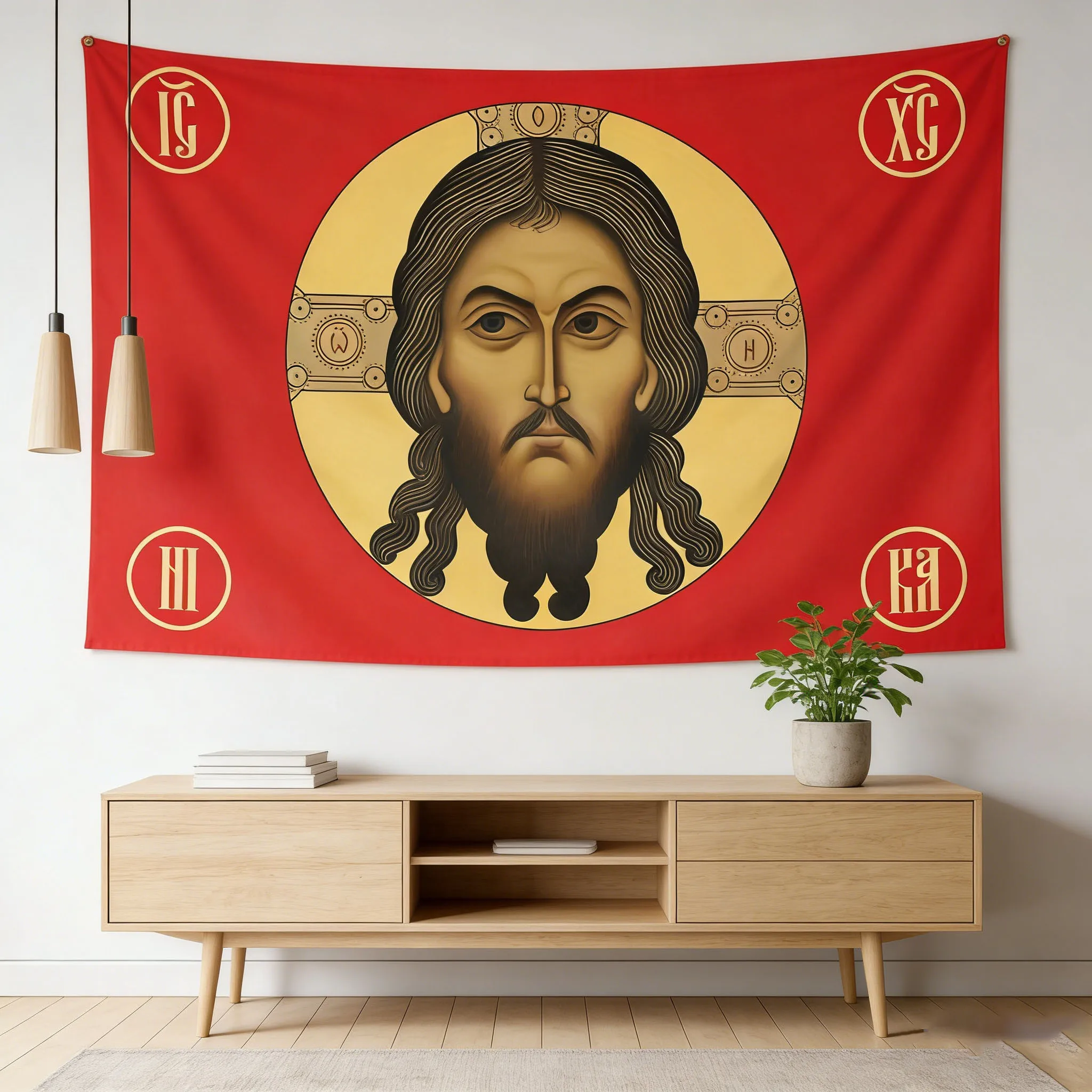 Drapeau mural orthodoxe russe avec monogramme XC et visage impérial du Christ, rouge et or, bannière religieuse pour garage, cave, dortoir, décoration extérieure