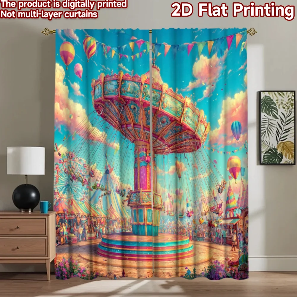 2D flat printing 2pcs Window Curtains Carnival Swing Ride Fun Digital Printed Polyester Drapes All Season Party & Holiday Decor