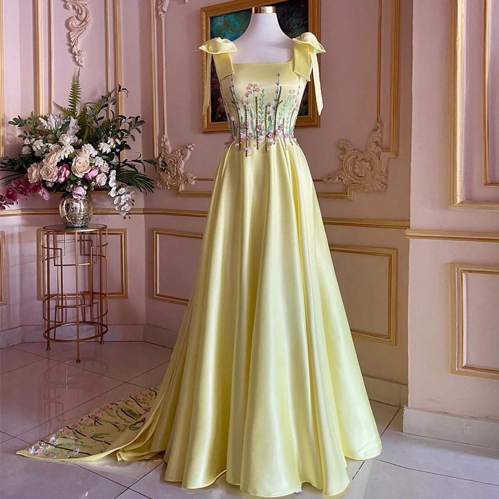 Yellow Evening Dress Square Neck Sleeveless Embroidery Lace Flowers A Line Satin Corset Prom Dresses Dubai Formal Party Gown