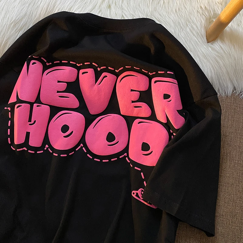 2022 estate nuovo cappuccio stampa schiuma T Shirt donna sciolto solido Tees Hip Hop Casual Tshirt oversize O collo femminile Y2k top Goth