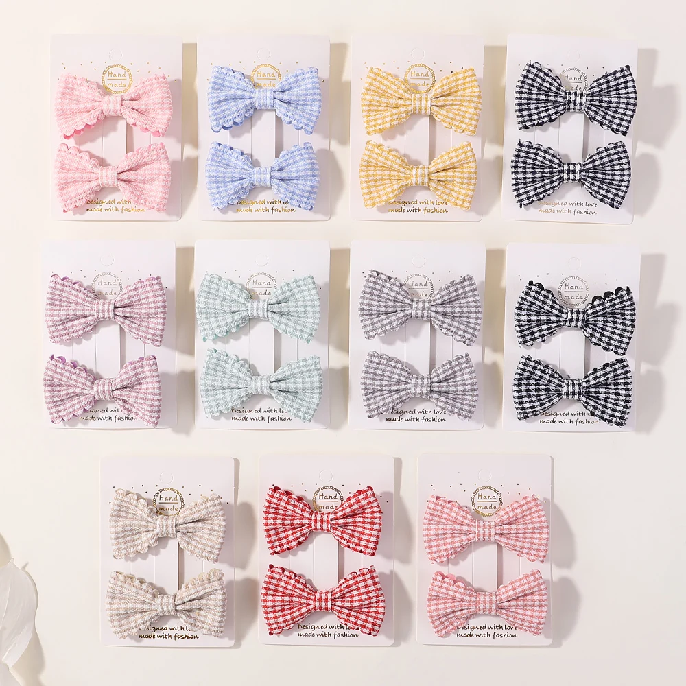 2Pcs Solid Color Embroidered Plaid Bows with Hair Clips Kids Girls Cotton Bow Hairpin Barrettes Baby Headwear Hair Accessories