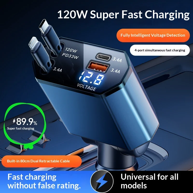 120W Car Charger with Telescopic Cable for Spot One to Three Car Interior Super Fast Charging with Ambient Light view 6