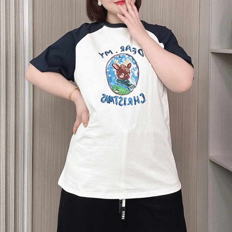 Luźny nadruk w litery Dopasowany kolorystycznie T-shirt damski Nowy letni plus size Krótki rękaw Casualowy top z bawełny konopnej