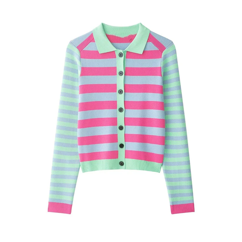 

Летний женский вязаный кардиган с длинными рукавами, повседневный свитер с воротником и полосками, модный топ-жакет для женщин