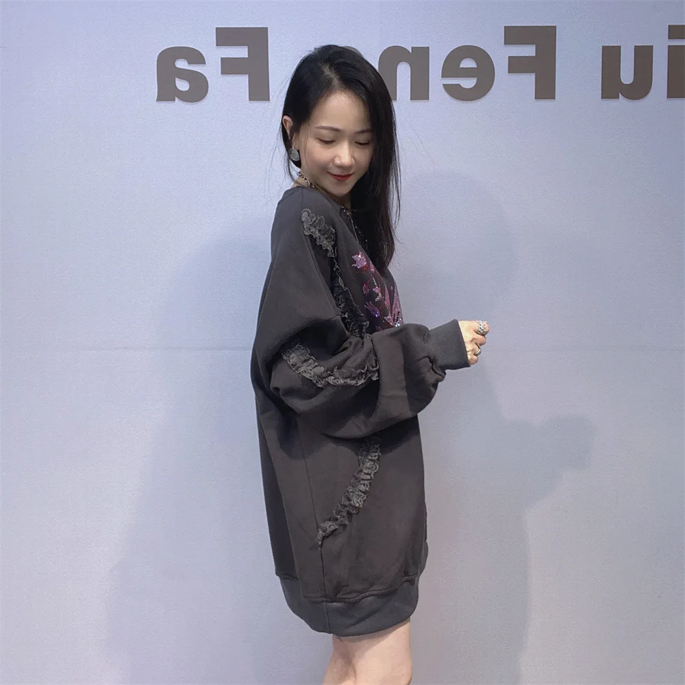 Amerykańska bluza oversize z okrągłym dekoltem, damska, jesienno-zimowa, luźna, z dżetami, kurtka z okrągłym dekoltem.