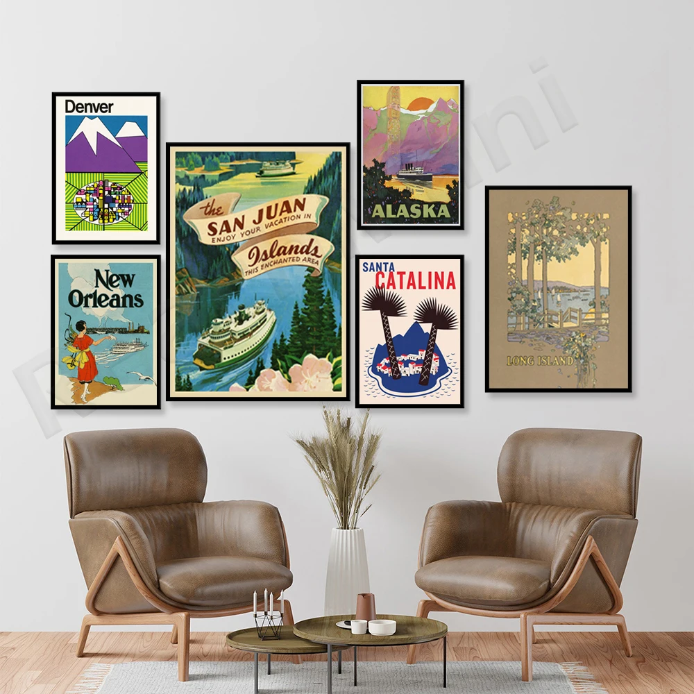Póster de viaje de California, Nueva Orleans, Alaska, Long Island, Nueva York, Denver, Colorado, Isla Santa Catalina, Islas de San Juan