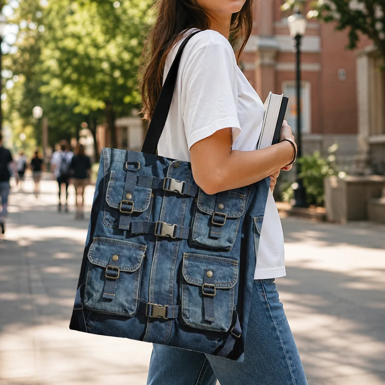 2D Printed Fake Denim Utility Pockets Tote Bag Optical‑illusion Canvas Reusable Shoulder‑Carry Shopping Bag