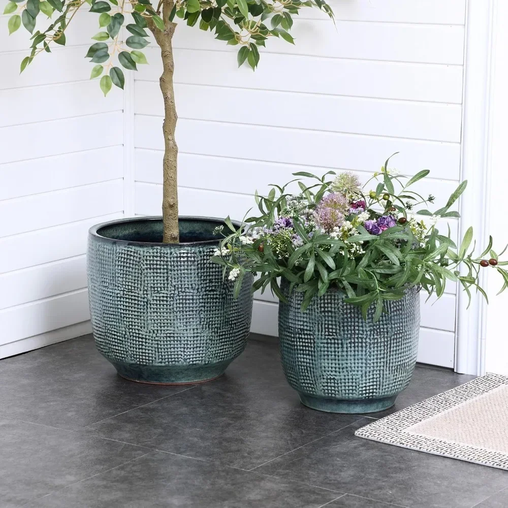 

15.5" Dia Modern Green Ceramic Plant Pot – Large Indoor/Outdoor Decorative Planter with Drainage Hole & Rubber Plug
