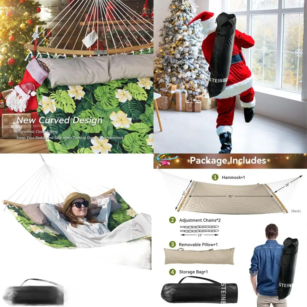 

Стеганый уличный гамак на 2 человека длиной 11 футов с подушкой, изогнутой распоркой, цепями, сумкой для переноски, грузоподъемностью 450 фунтов, зеленые листья