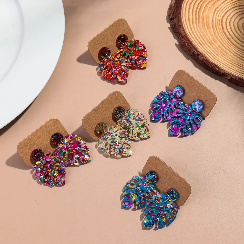 Sequins Acrylic Colorful Monstera Leaf Drop Earrings for Women Exaggerated Tropical Leaves Plant Earrings Fashion Jewelry Gifts