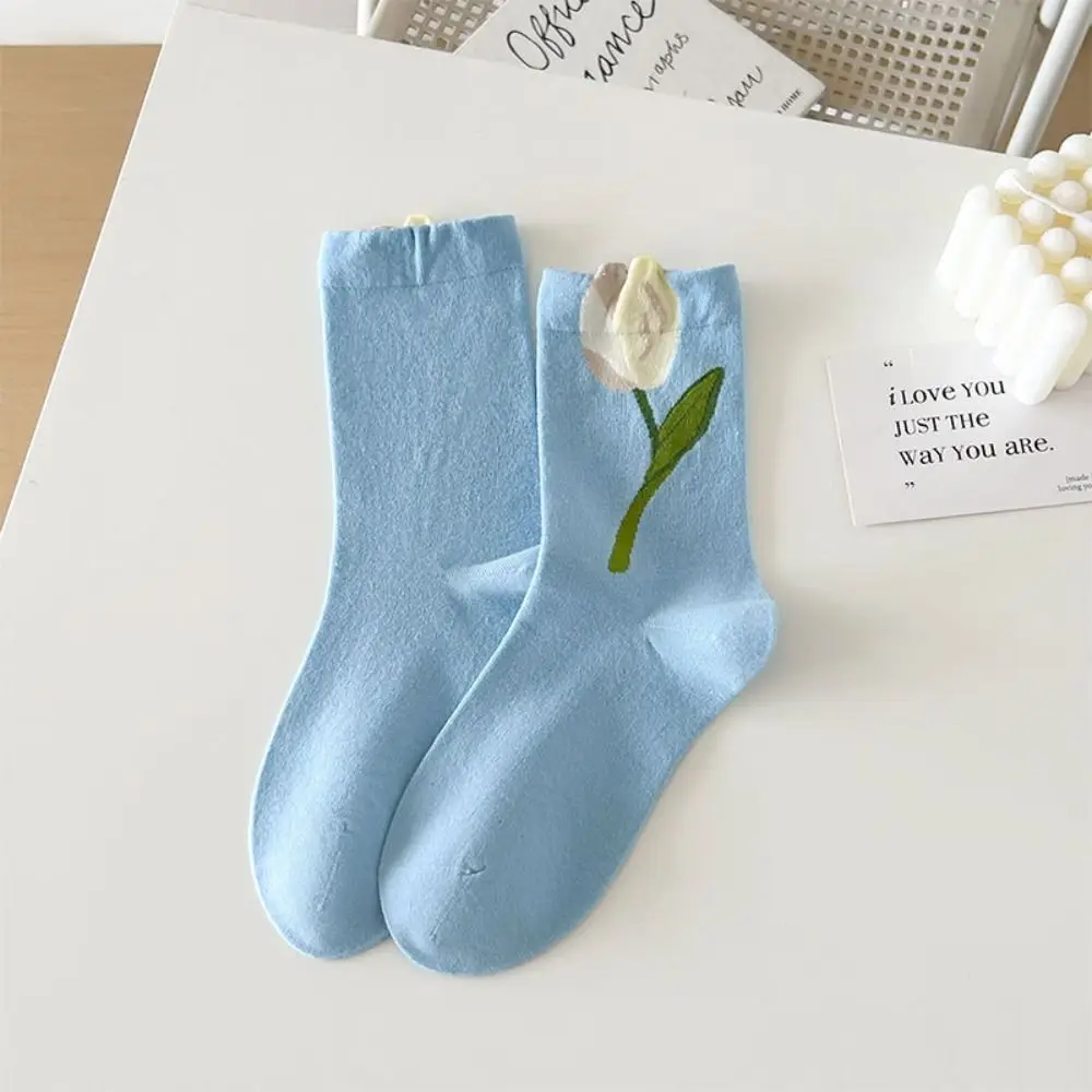

5Pairs Soft Thin Tulip Flower Socks Sweet Breathable Mid Tube Socks Female Hosiery Socks for Women Girl
