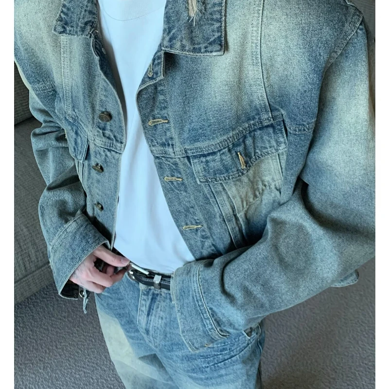 Spring Vintage Washed Mens Denim Set Multi Pocket Jacket+Straight Leg Jeans 2-pcs Set High Street Unisex Hip Hop Cowboy Suits