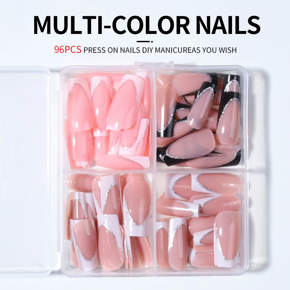 96 Stück (4 gemischt) lange Sarg-Herz-Nägel, glitzernde weiße französische Spitze, zum Aufdrücken der Nägel, schicker, minimalistischer Stil – wiederverwendbares Design, Fake