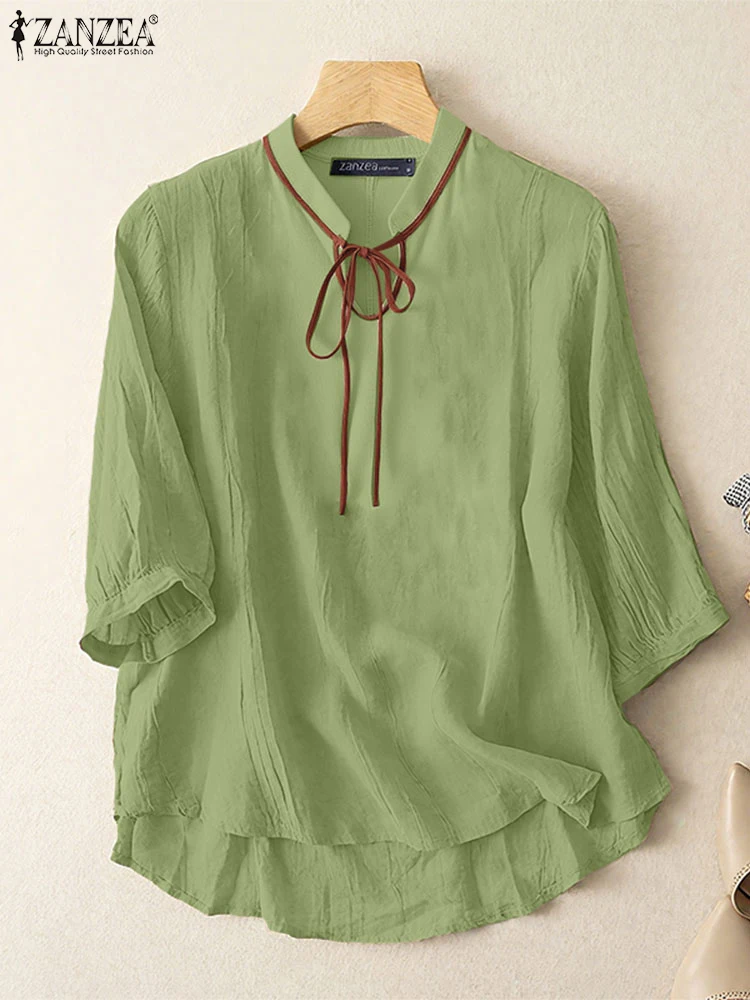 ZANZEA ผู้หญิง Crinkled Texture เสื้อ 2025 ฤดูใบไม้ร่วงแฟชั่น LACE-Up Mandarin COLLAR 3/4 Sleeve Blusas Mujer Elegant Solid Tops
