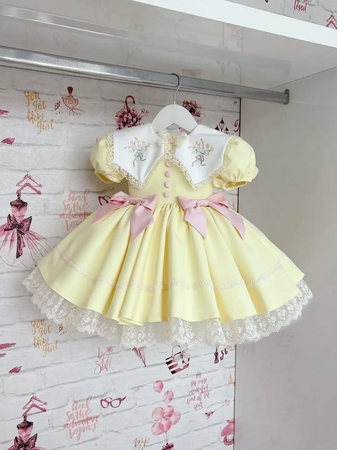 Girls Summer Light Yellow Vintage Ball Gown Dress Flower Embroidery for Casual Birthday Party Holiday Photography B599