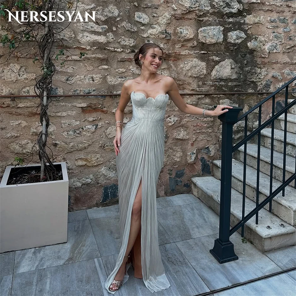 

Nersesyan Shiny Mermaid Evening Dresses Off Shoulder Pleats Middle Slit Formal Dress Backless Prom Party Gowns 2025 Customized