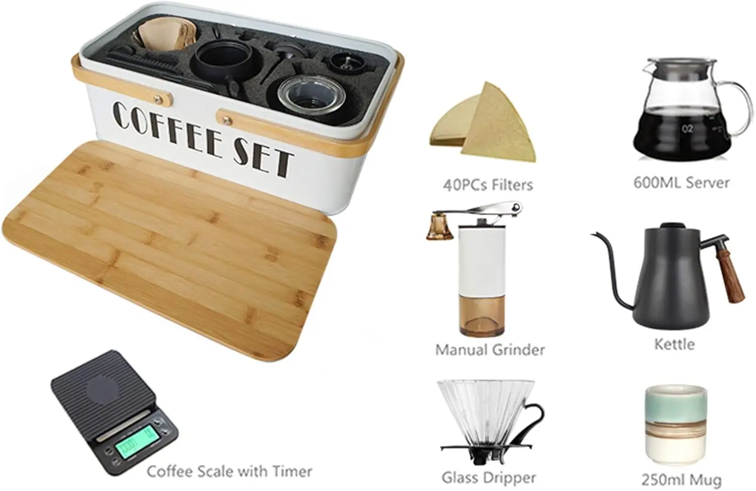 Übergießen Sie Kaffeemaschinen-Set, Kaffeekessel, Waage, Server, Tropfbecher, Bohnenmühle, Filterpapier, Keramiktasse, ALLE in 1, toller tragbar