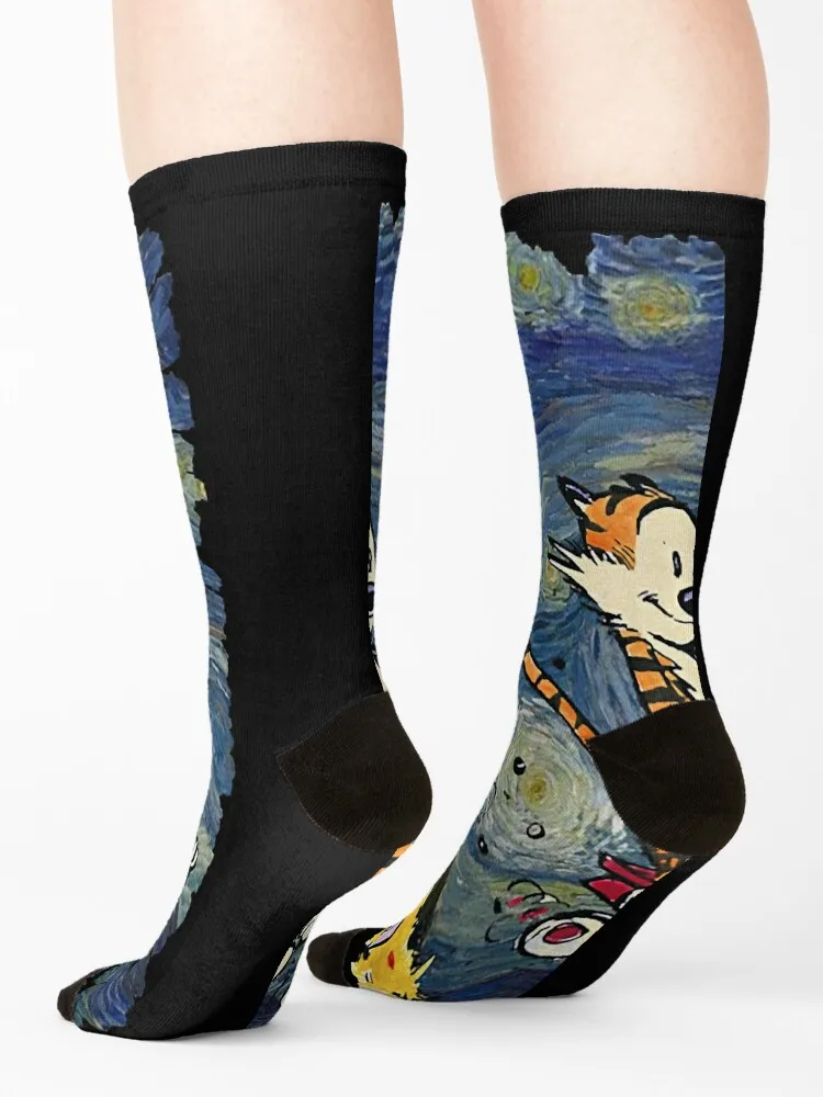 Calvin y hobbes stary night Calcetines Medias hombre dibujos animados regalos antideslizantes Calcetines Mujer Hombre