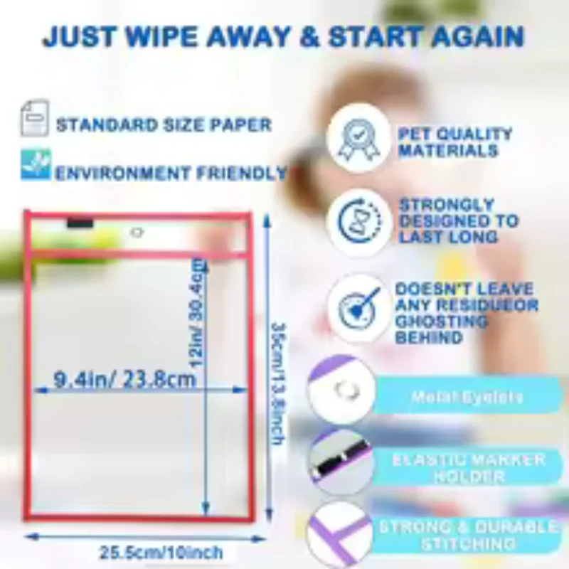 10 Pack Oversized Dry Erase Pockets with 2 Hanging Rings 10x13.8 Inch Clear Ticket Holders Reusable Work Order Sheet Protectors
