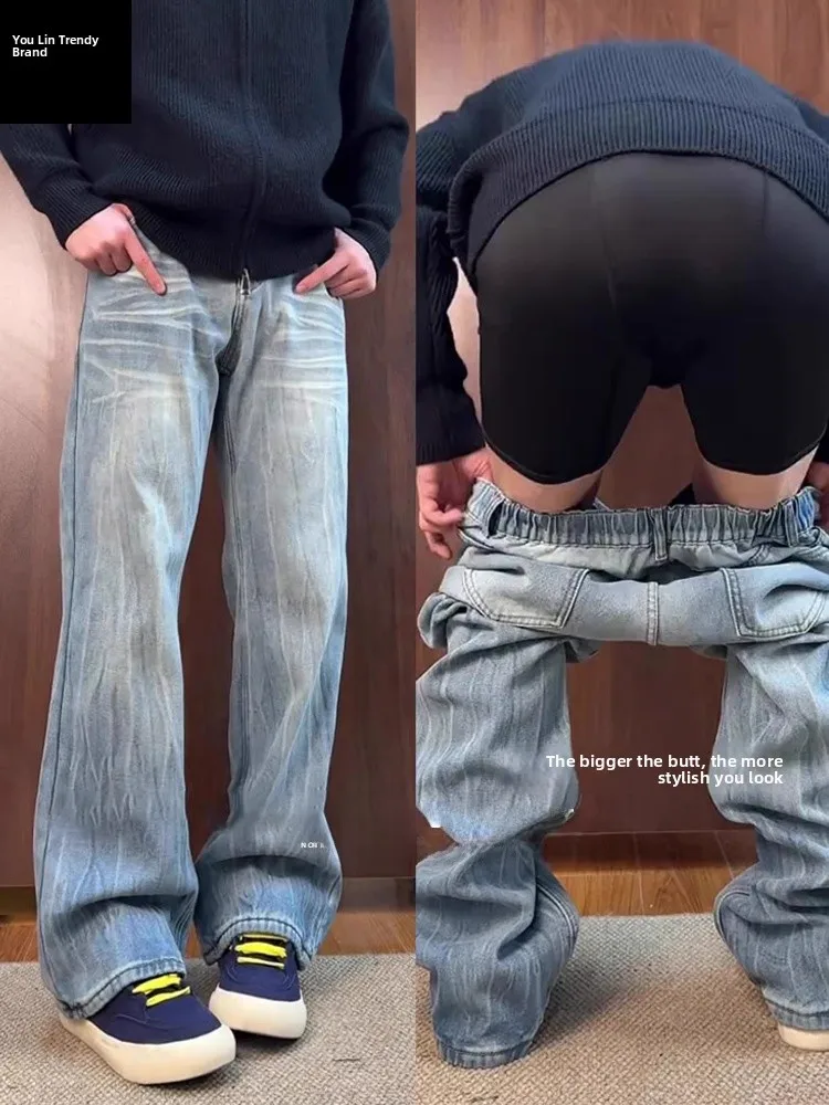 

Светло-голубые мужские джинсы с узором молнии, на флисовой подкладке, прямого кроя, расклешенные, с высокой талией, на молнии, повседневные, винтажные, стильные