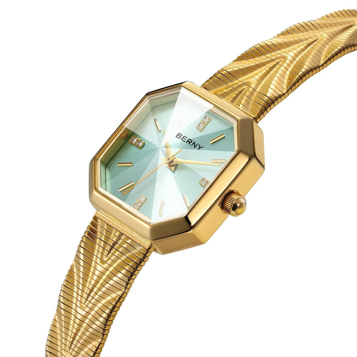BERNY Gold Watch For Women Octagonal Ladies Quartz Wristwatch Stainless Steel Women Ice Blue Small Golden Watch Luxury Watches