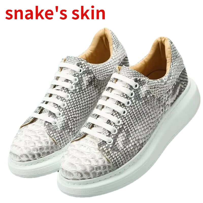 Python Skin Couple Sports Shoes Men Increased Genuine Leather Fashion Sneakers Durable Snake Skin Hand Sewn Casual Shoes Women\'s