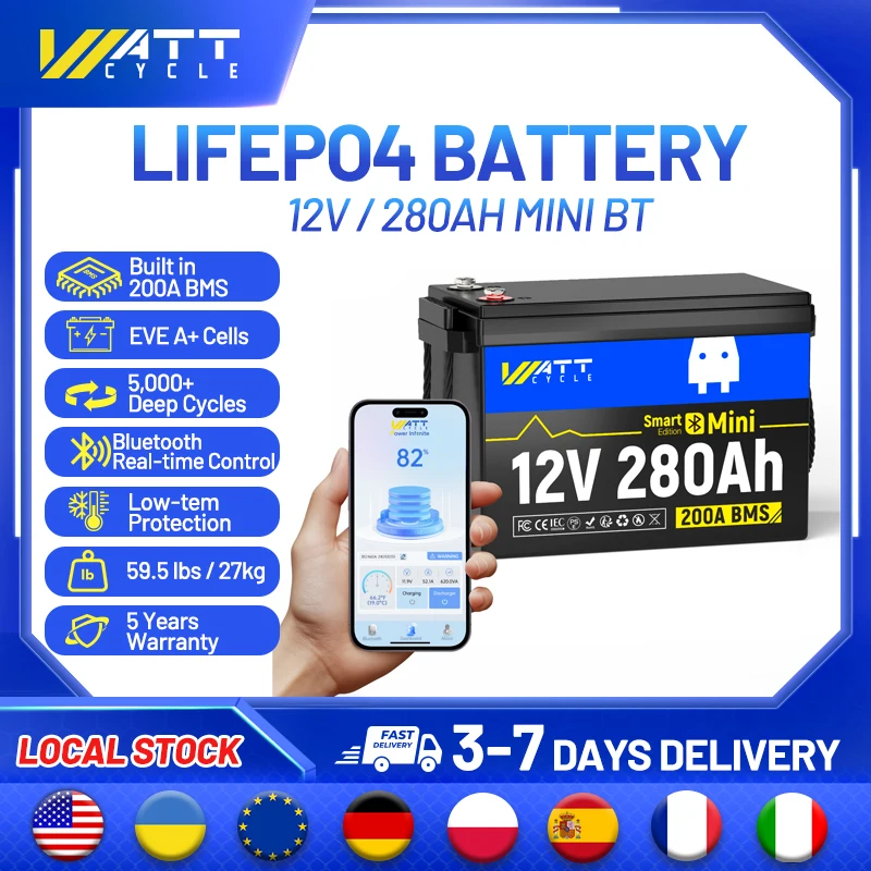 WattCycle 12V 280Ah LiFePO4 Battery with Bluetooth Mini Size EVE A+ Cells 15,000+ Cycles For RVs, Solar Energy Storage, etc