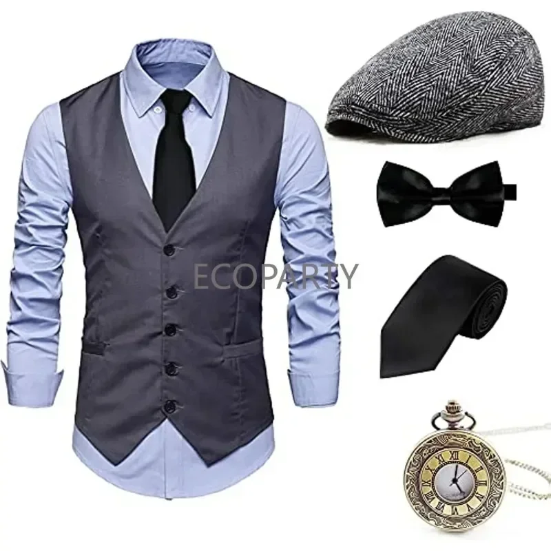 Gionforsy 1920s Mens Vest Accessories Gatsby Gangster Costume Accessories Set 20s Hat Suspenders Bow Tie Vintage Pocket Watch