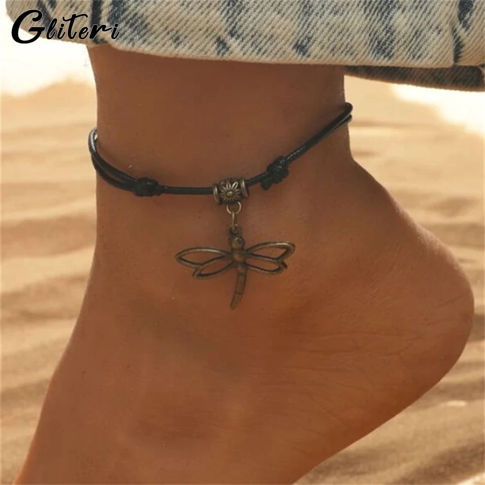 GEITERI Vintage Dragonfly Pendant Anklets For Women Girls Kids Simple Dragonflies Drawstring Foot Chain Jewelry Birthday Gifts