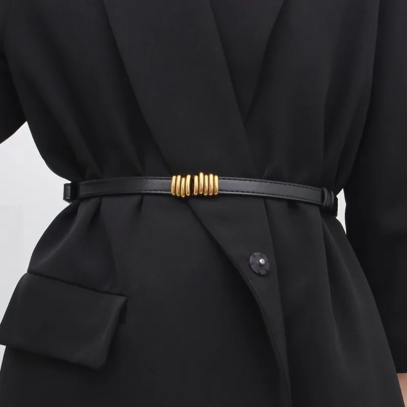 Vintage Thin Women Belt Gold Buckle Pu Leather Waist Belt Ladies Wild Skinny Dress Coat Decor Waistband Adjustable Straps