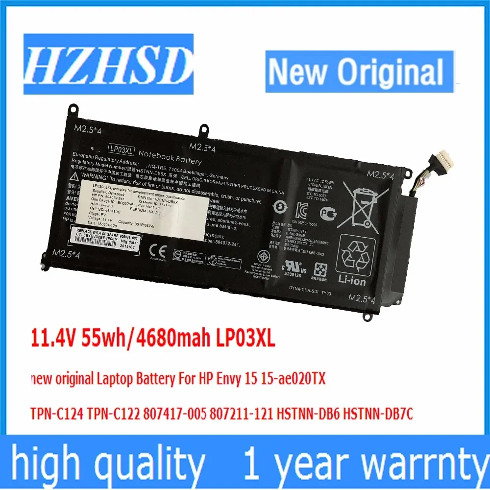 

11.4V 55wh/4680mah LP03XL new original Laptop Battery For HP Envy 15 15-ae020TX TPN-C124 TPN-C122 807417-005 HSTNN-DB7C DB6C