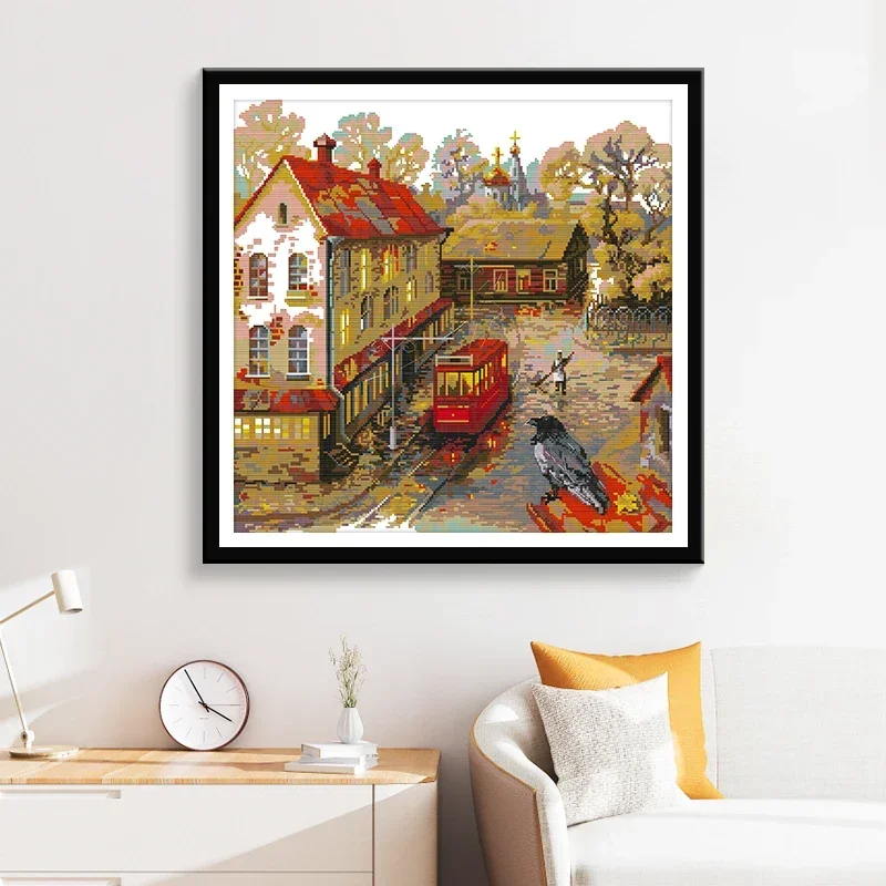 DIY Embroidery Cross Stitch Full Kit Streetcar Platform Pattern Counted Printed Canvas Aida 16CT 14CT 11CT Hand Needle Arts Kits