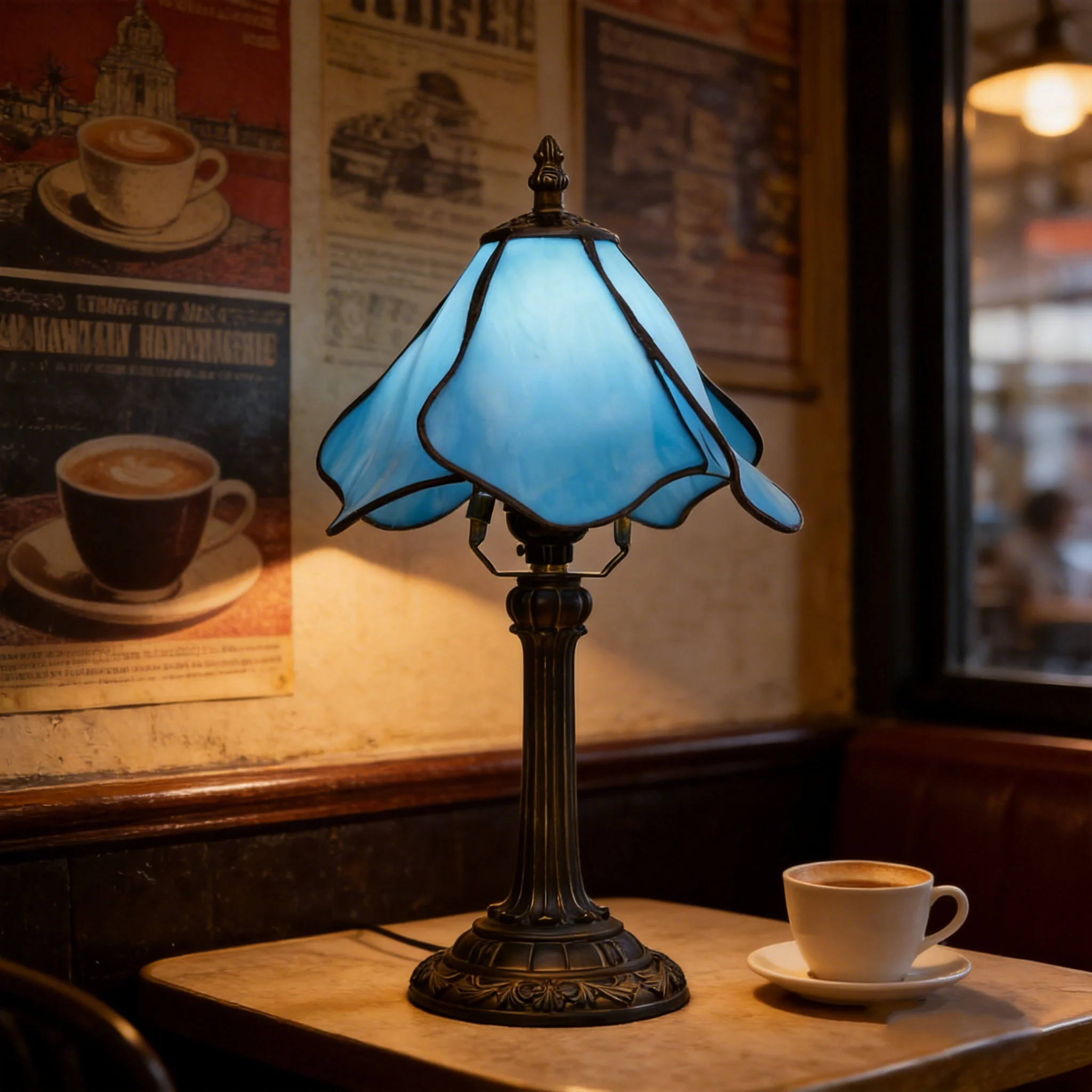 Tiffany Table Lamp, Modern Blue Petal Stained Glass Bedside Reading Desk Lamp for Living Room, Bedroom, Home Office Coffee Shop