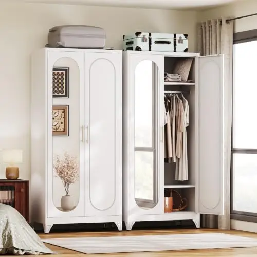 Armoire Wardrobe Closet，71" Metal Wardrobe Cabinet with Mirror Door | Tall Bedroom Armoires with Hanging Rod and view 3