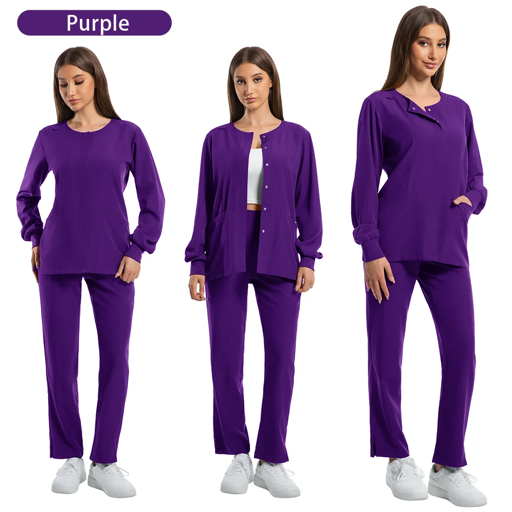 زي الممرضات، سترة علوية برقبة دائرية، أطقم سراويل مستقيمة، ملابس عمل جراحية، أكمام طويلة، ملابس طبية أمامية