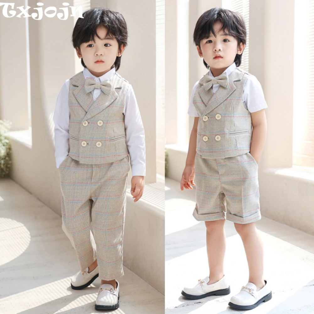 

High Quality Kids Plaid Suit Set 4 Pieces For Catwalk Show Daily Casual Boys Suits School Performance Wear Party Tuxedo