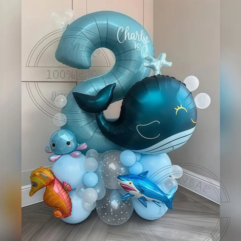 Juego de globos de cumpleaños con temática de animales en el océano, 38 Uds., con soporte para globos de ballena, decoración subacuática bajo el mar para fiesta de cumpleaños