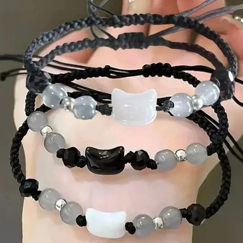 Black White Cat Couple Bracelet Versatile Niche Simple Beaded Hand-woven String for Friends Students Handcrafted Accessory