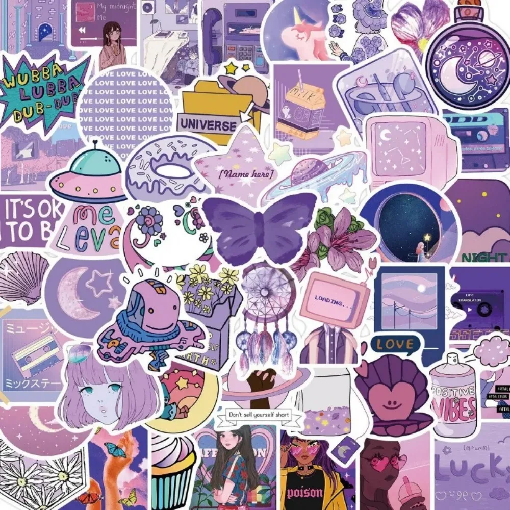 50PCS Cartoon Purple Wind Cute Girly Sticker Graffiti iPad Luggage Car DIY Scrapbook Wall Sticker Toy Decoration