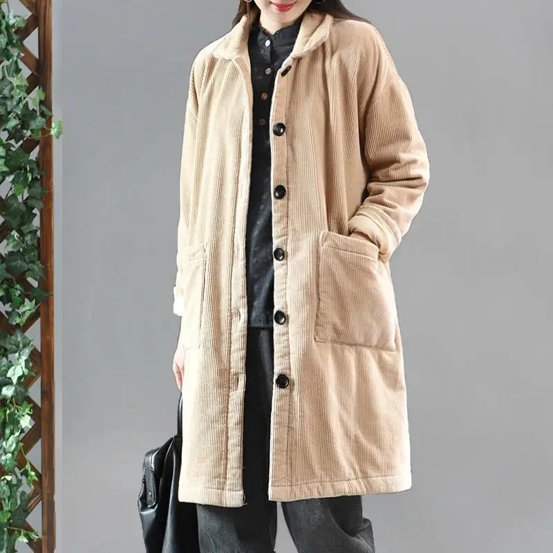 Faionable puur katoenen corduroy Jaet dames herfst winter Koreaanse Sle ritssluiting lange Sve Thiened jas