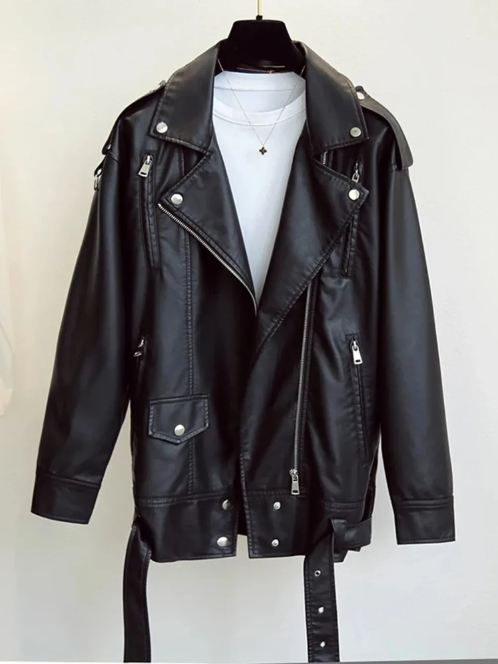 Black PU Leather Jackets Women with Belt Oversized Korean Loose Motorcycle Faux Leather Jackets Fashion Causal Outerwear